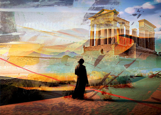 Création numérique 70x50cm intitulée Le Mirage d'Antiquité, montrant une silhouette face à des ruines romaines dans le désert
