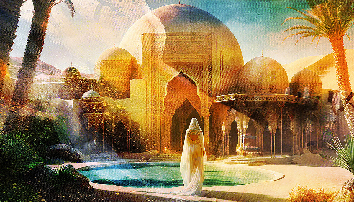 Art numérique représentant une silhouette drapée de blanc face à un palais oriental d'or et une oasis aux eaux turquoise.