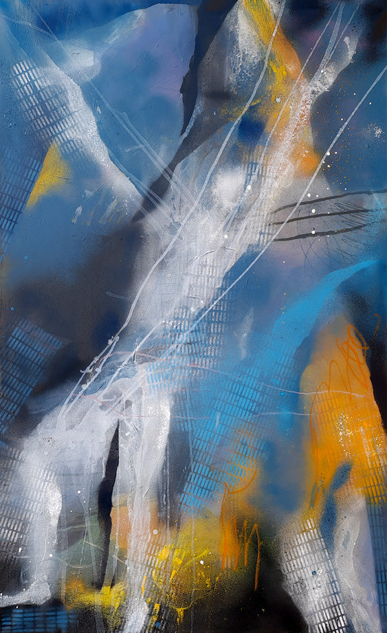 Tableau abstrait contemporain Pris au piège 130x81cm avec motifs de grilles, projections bleues, blanches et touches d'orange vif