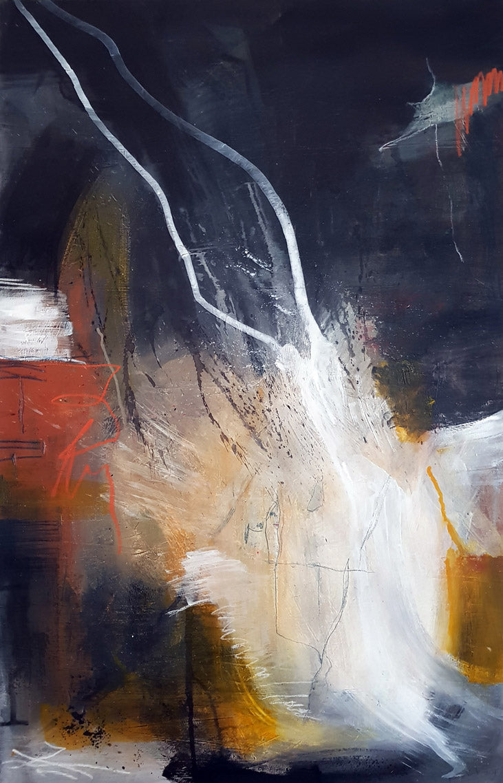 Peinture abstraite contemporaine intitulée Le Magicien, mêlant des éclats de blanc, des nuances d'ocre, de terre de Sienne et des tracés graphiques sur un fond noir profond.