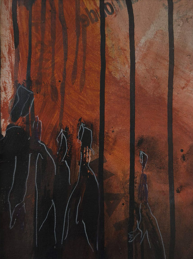 Peinture expressionniste contemporaine intitulée Derrière les ombres de la série La foule silencieuse, représentant des silhouettes sombres sur fond ocre rouge.