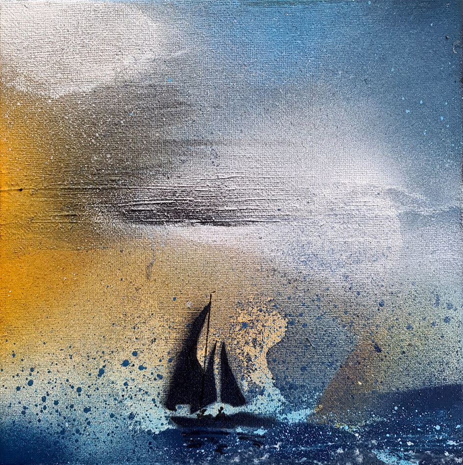Peinture marine abstraite 20x20cm représentant un voilier dans la tempête sous un ciel d'orage