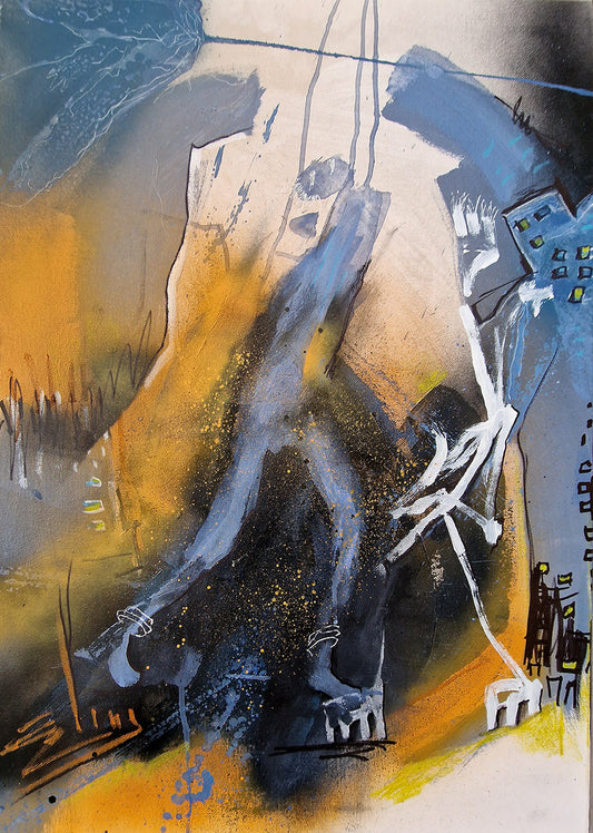 peinture 70x50cm œuvre expressive et abstraite met en scène une silhouette humaine sombre et dynamique en plein mouvement. art abstrait jaune et beu 
