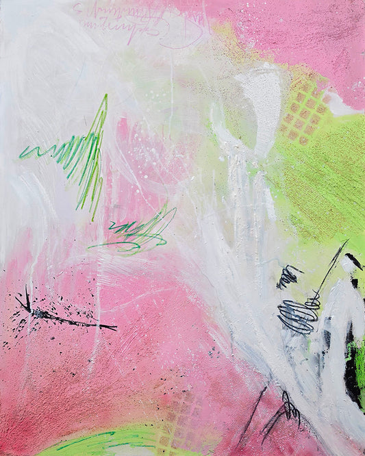 Peinture abstraite Pluie de Printemps 80x100 cm par Kellestom - Tons rose et vert