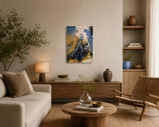 L'œuvre expressive et abstraite met en scène une silhouette humaine sombre et dynamique en plein mouvement, s'extrayant d'un fond texturé aux nuances de jaune ocre, d'or et de gris. Peinture sur toile