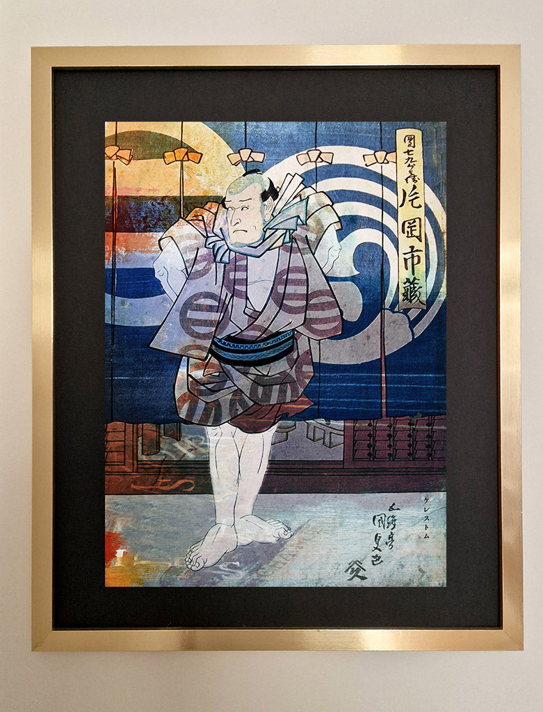 série de dix estampes explore la fusion de la tradition japonaise avec des éléments contemporains pour créer une esthétique innovante. Créer un dialogue entre le passé et le présent Cadre dor 40x50cm