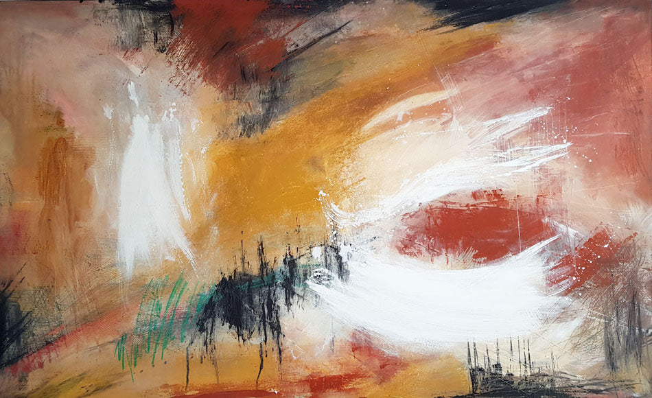 peinture abstraite contemporaine  81x130cm avec envoutement des couleurs chaudes"Sortileges " de Kellestom
