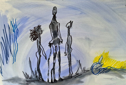 Trois silhouettes abstraites dessinées à l’encre noire et aquarelle sur papier dans une ambiance poétique aux nuances bleues et jaunes.