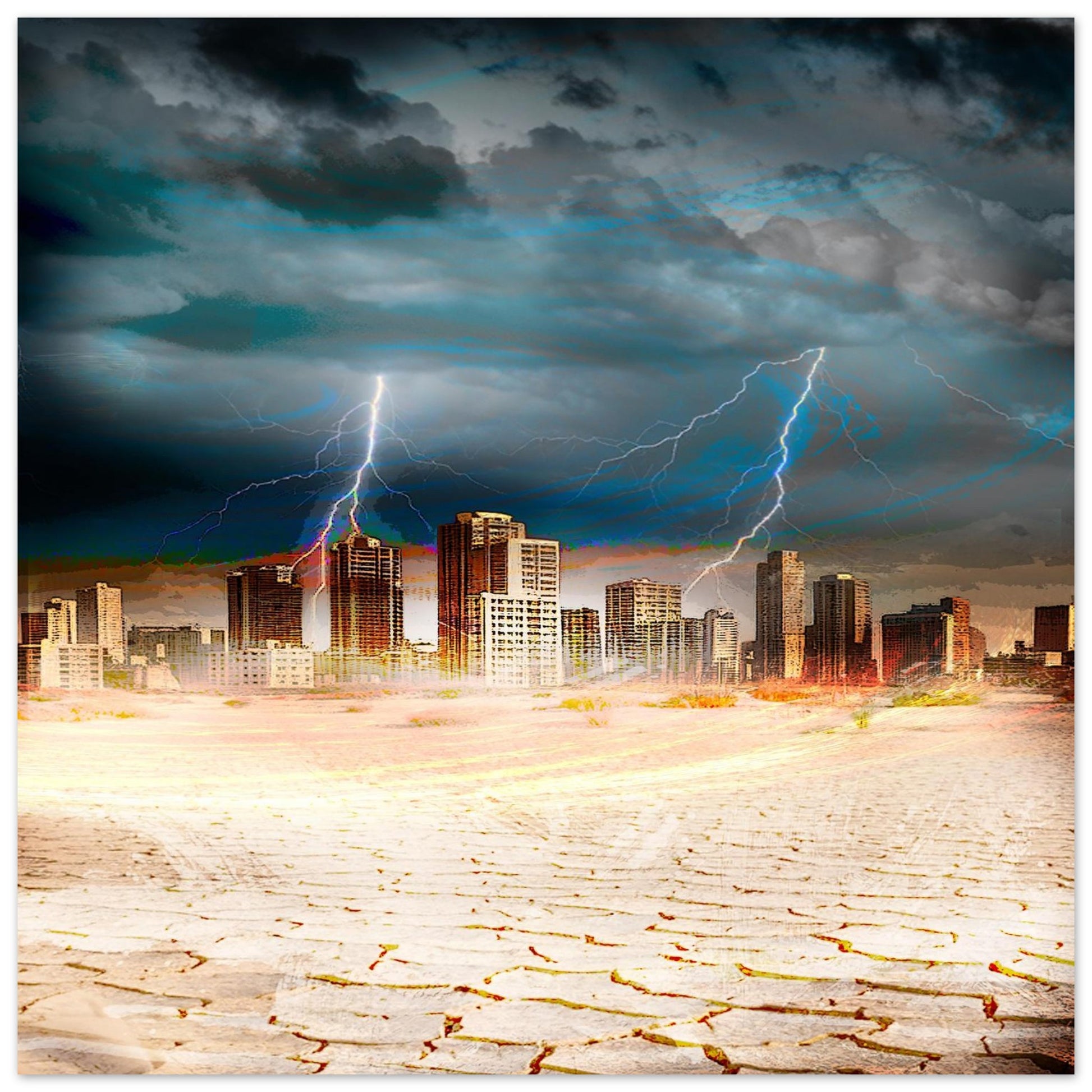 L’aspect dramatique et mystérieux du désert sous une tempête ,évoquant la dualité entre la blancheur implacable du désert et la violence d'un ciel noir illuminé par des éclairs. Art igital sur alu