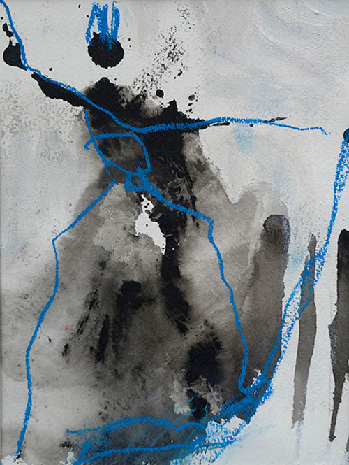 Peinture abstraite contemporaine noir gris et bleu électrique encadrée noir 30x40 cm œuvre originale Kellestom