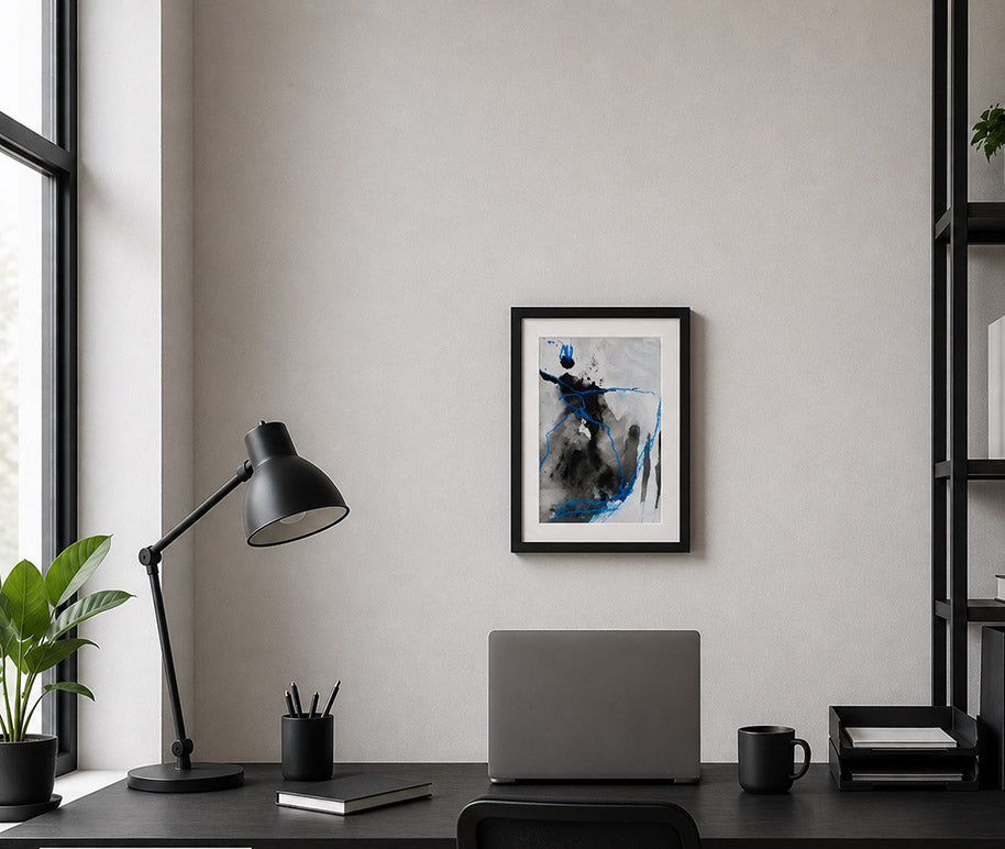 Peinture abstraite contemporaine noir gris et bleu électrique encadrée noir 30x40 cm œuvre originale Kellestom