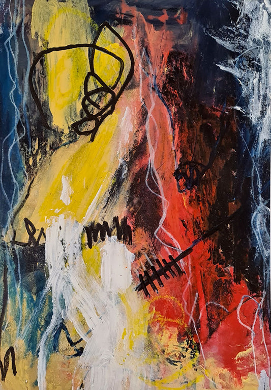 Ardent - peinture abstraite jaune,rouge,noir sur papier- passe partout 30x40cm