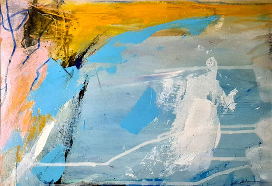 C'est une peinture abstraite à l'ambiance maritime et lumineuse, évoquant les paysages côtiers  bretons 40x50cm avec cadre blanc kellestom