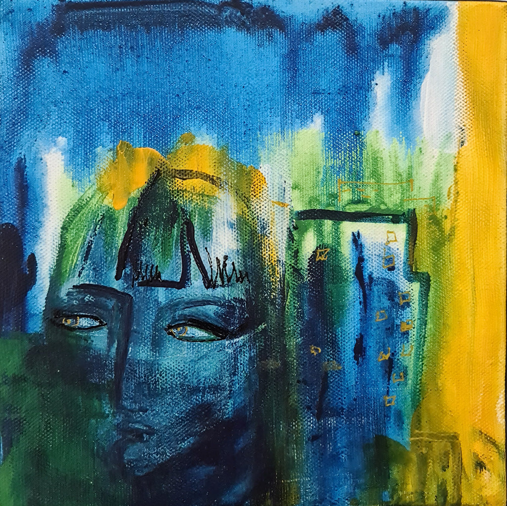Marjan - peinture bleue, visage voilée femme  sur toile format 20x20cm
