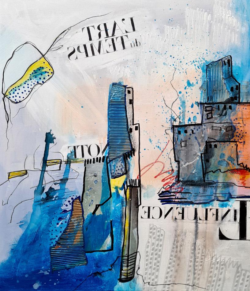 Tableau "Art du temps" peinture acrylique et collage urbain contemporain bleu et blanc Kellestom
