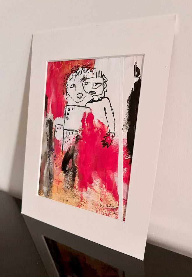 Pensif - 2 personnages blancs sur fond rouge,  passe partout blanc 20,5x19,5cm