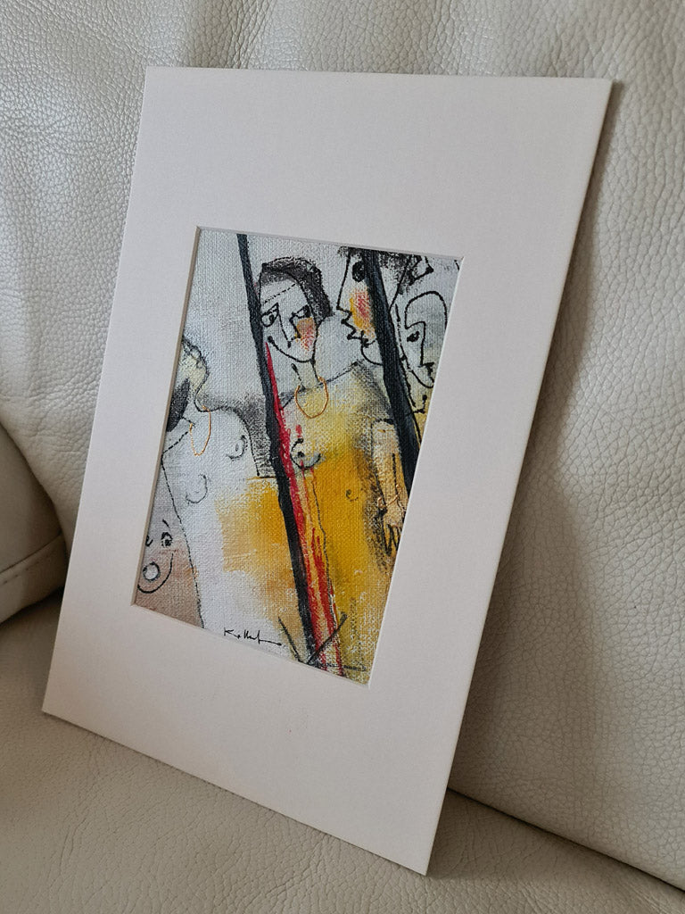 peinture art singulier sur toile petit format jaune blanc et noir avec traits rouges
