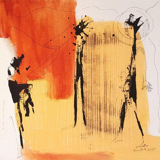 Conquête - peinture  jaune, orange et silhouettes noires. Carton toilé 25x25cm