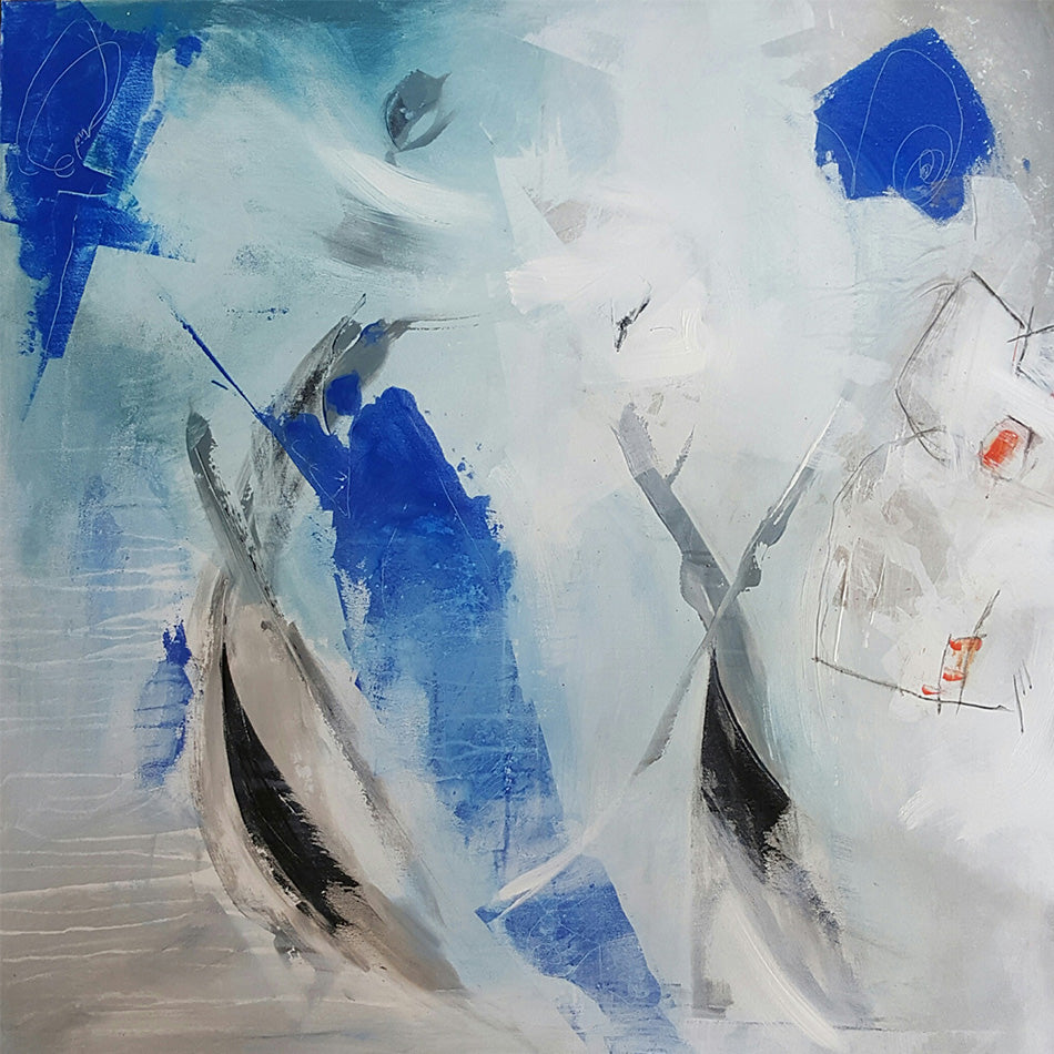 Douce attente - peinture abstraite sur toile bleu et blanc, 100x100cm
