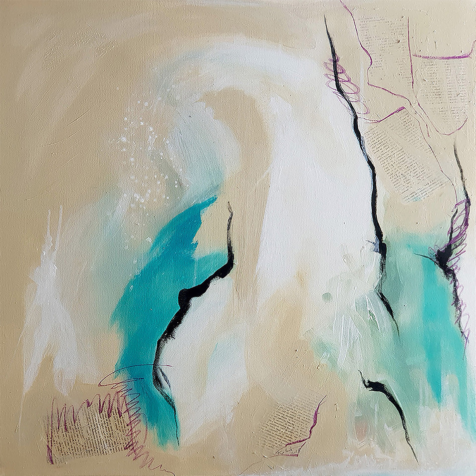 Elan - peinture sur toile abstraite blanc cassé/bleu turquoise, 80x80cm