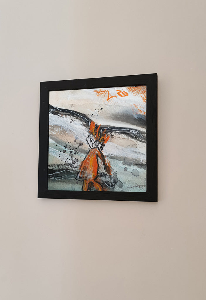 Etrange- peinture personnage orange, fond gris carton 20x20cm, cadre noir