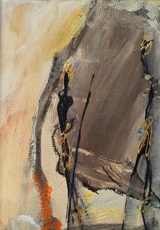 peinture 18x24cm abstraite silhouettes noires sur fond brun/jaune
