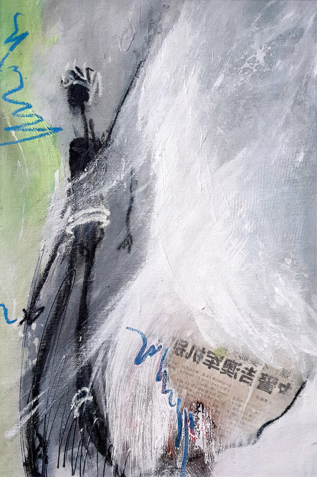 Héros de l'ombre-peinture personnage noir filiforme sur fond blanc/gris- cadre 40x50cm