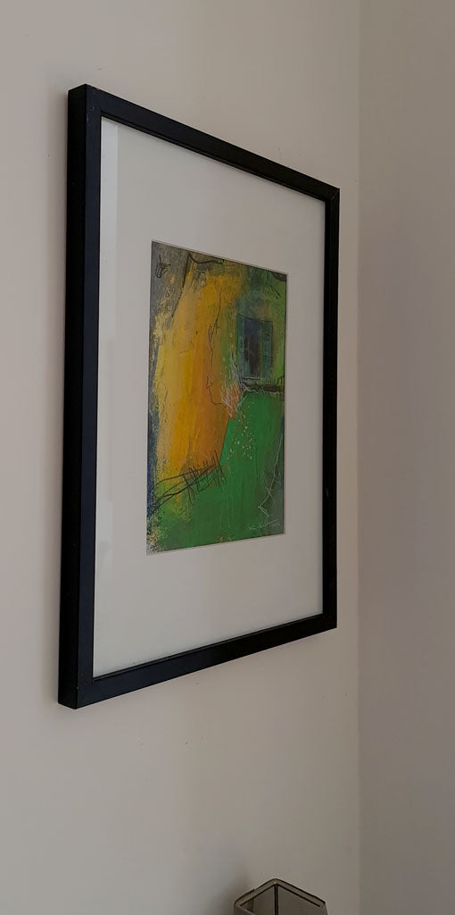 L'endroit secret -peinture fenêtre ouverte verte, passe-partout  40x30cm.