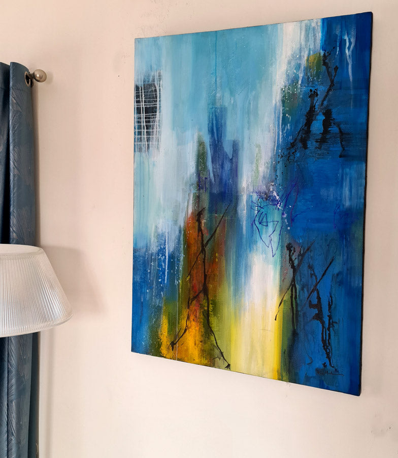 peinture sur toile-personnages en mouvement fond bleu 116x80cm-Kellestom