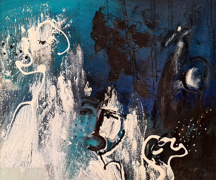 La parole - peinture abstraite sur toile bleu, blanc, noir - passe partout 30x40cm