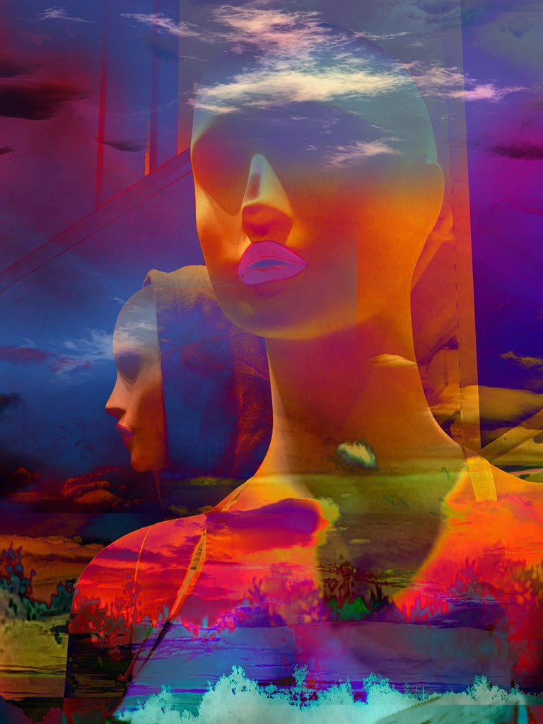 La tête dans les nuages -Visages femmes face et profil  art digital sur alu, 100x70cm