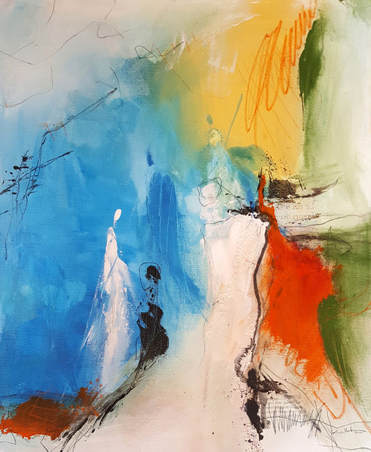 peinture sur toile  couleurs primaires avec silhouettes blanches