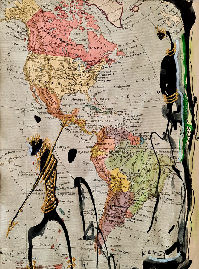 peinture sur carte ancienne "les Amériques"