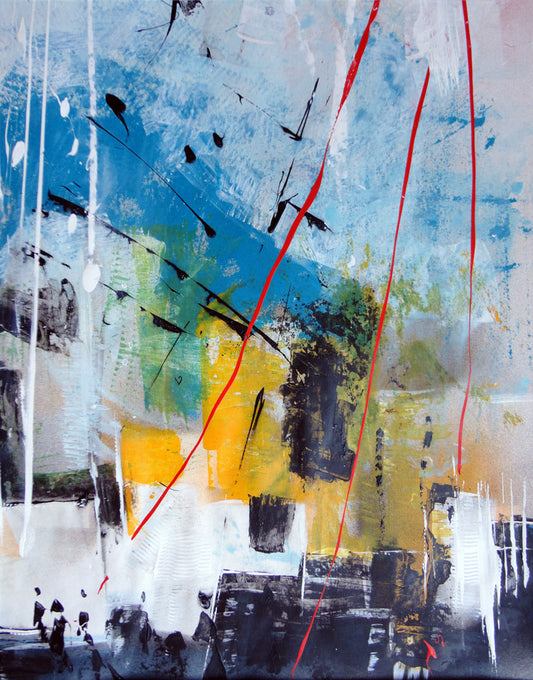 peinture abstraite sur papier , traits fins rouges traversant sur fond bleu , jaune et noir