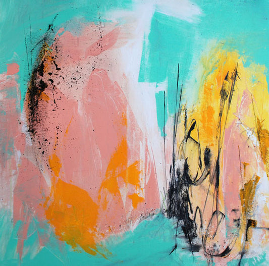 peinture abstraite  rose et jaune traits noirs
