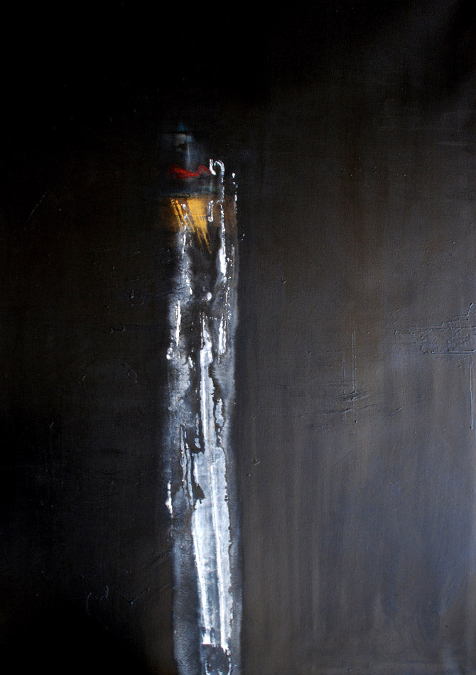 Peinture abstraite contemporaine intitulée "Passion" de Kellestom, montrant une colonne de lumière blanche, jaune d'or et rouge sur un fond noir profond.