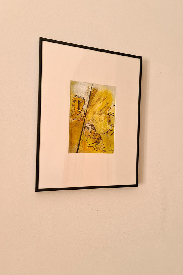 La balle des grains-peinture art singulier ,visages fond jaune sur toile, cadre 30x40cm