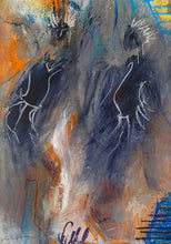 Charger l&#39;image dans la galerie, peinture danse tribale sur fond bleu foncé 24x34cm cadre blanc 3D  30x40cm
