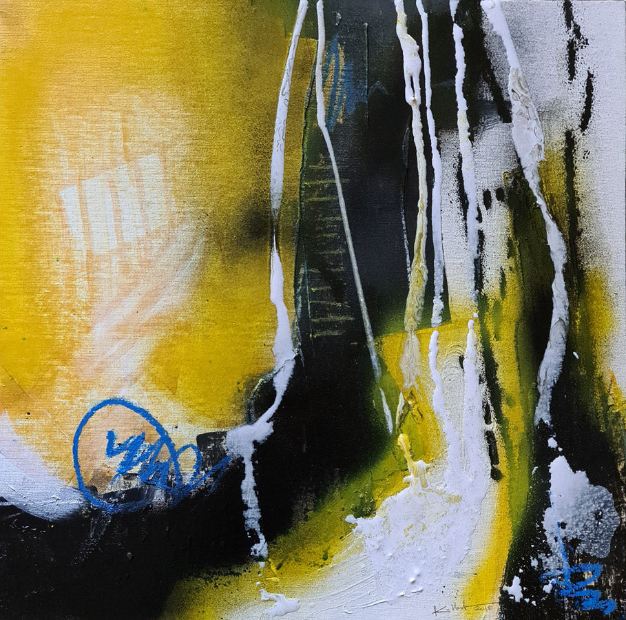 peinture abstraite jaune noir et blanc traits bleus36x36cm