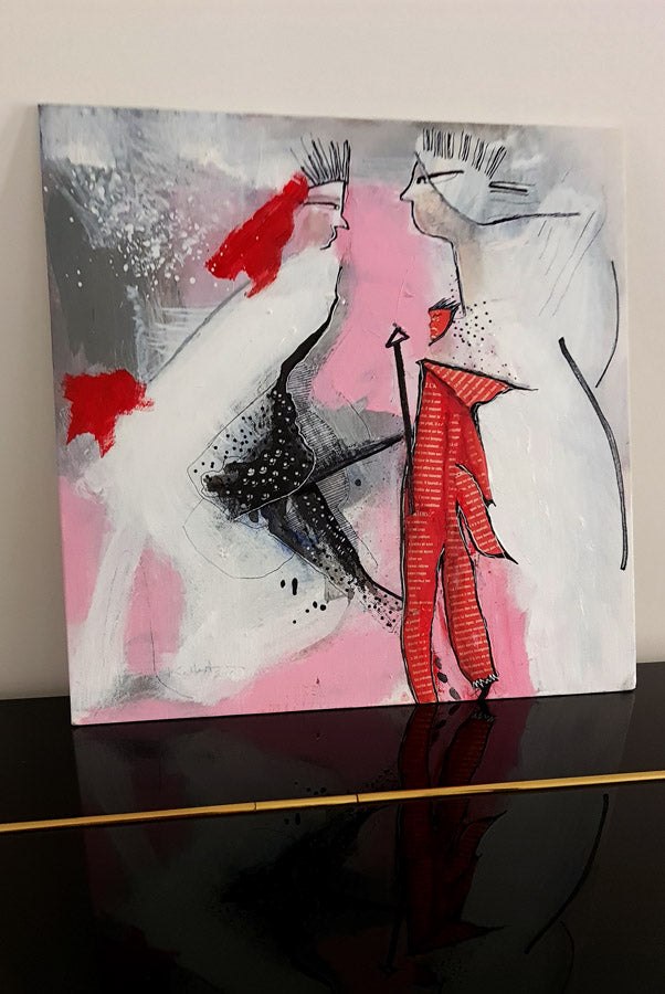 Peinture 36x36cm personnage rouge sur fond rose et blanc