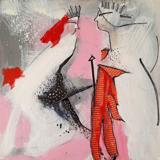 peinture 36x36cm personnage rouge,fond rose et blanc