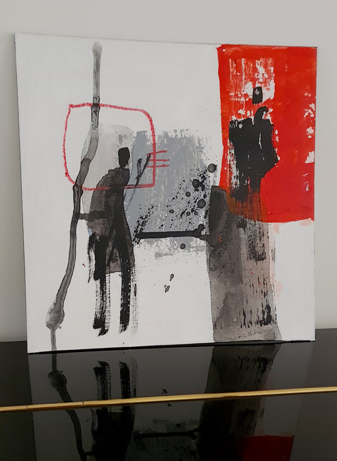 Rencontre - peinture 36x36cm rouge et noir sur carton toilé