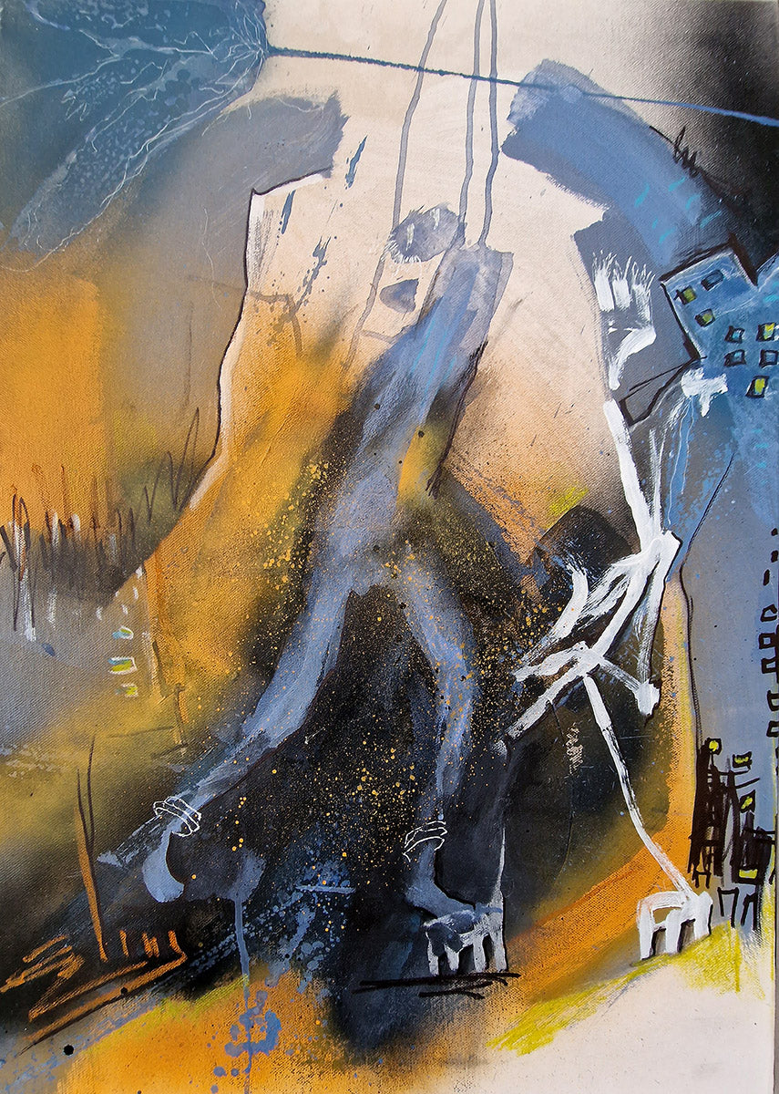 Rebelle - peinture abstraite bleu ocre jaune- sur toile 70x50cm