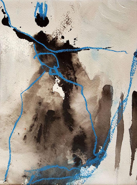 Victoire - peinture et dessin personnage filiforme bleu, passe partout 30x40cm+cadre