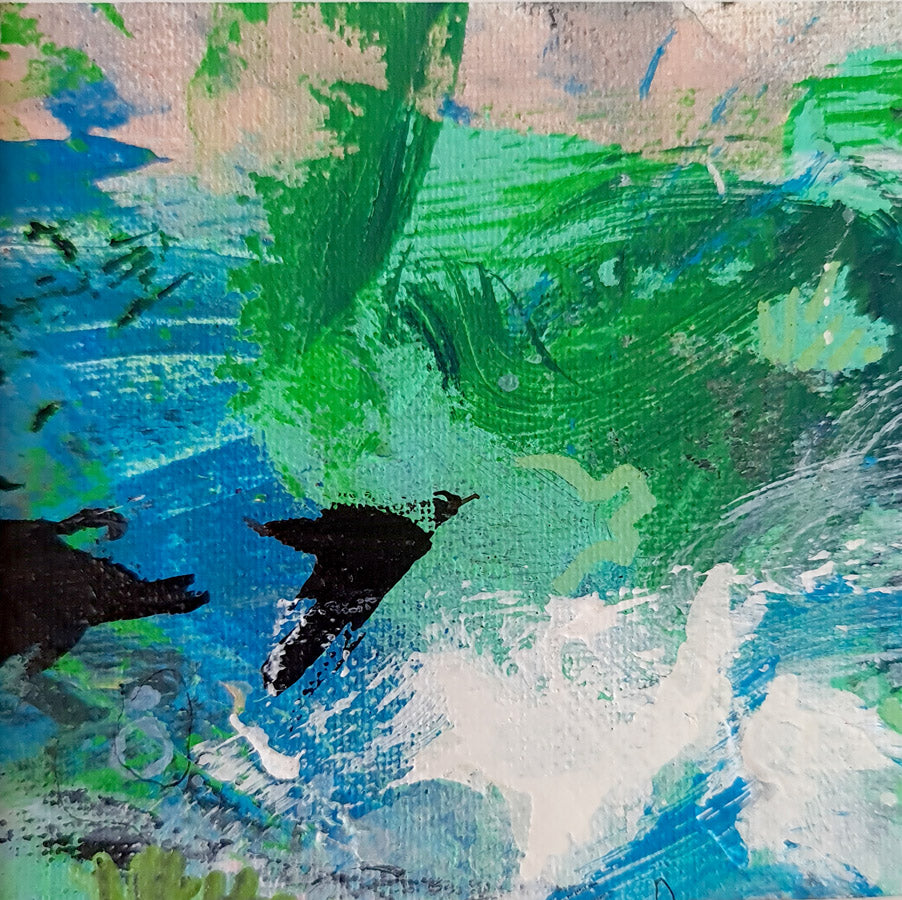 peinture abstraite vert et bleu 10x10cm encdrée