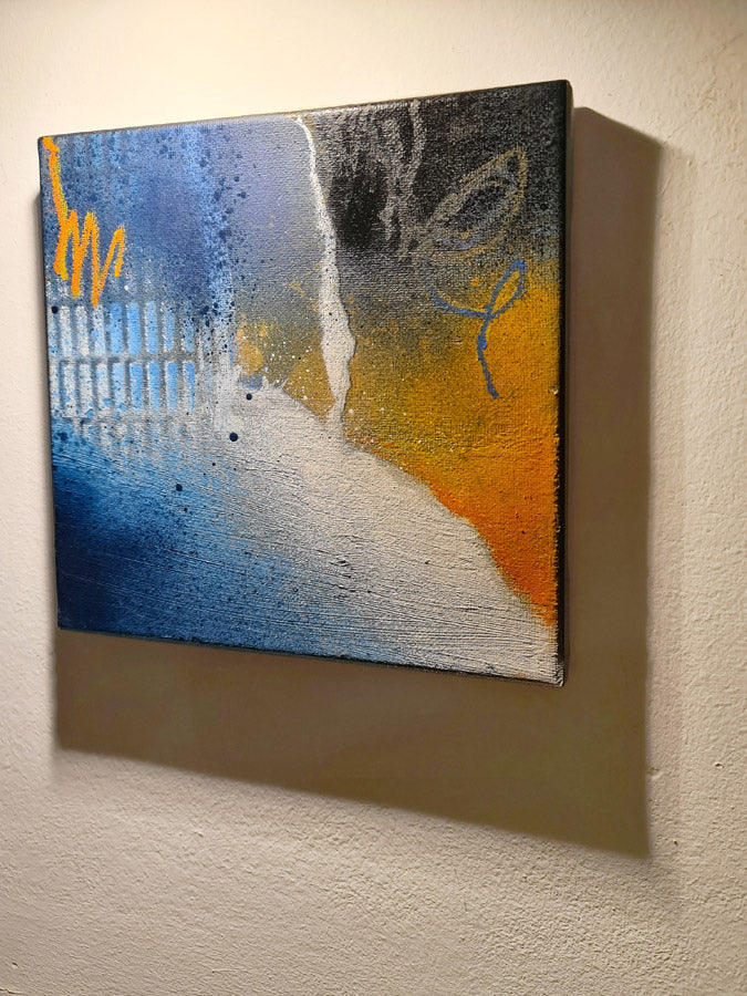 Grille - peinture abstraite couleurs bleu, noir orange et blanc sur toile, format 20x20cm