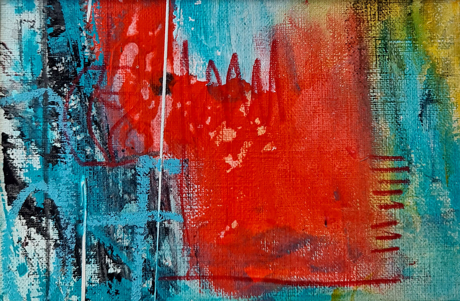 Simplicité -peinture abstraite  bleu et rouge - passe partout  21x15cm