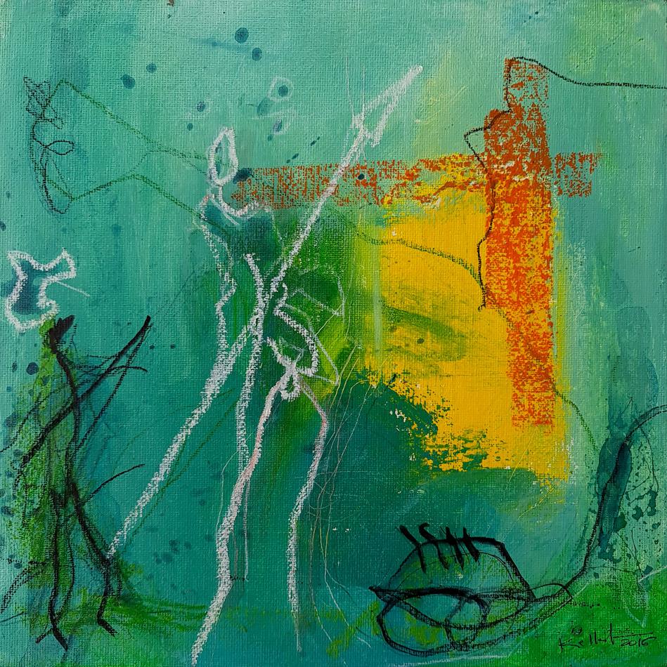 Green - 25x25cm peinture abstraite - vert jaune orange sur carton toilé