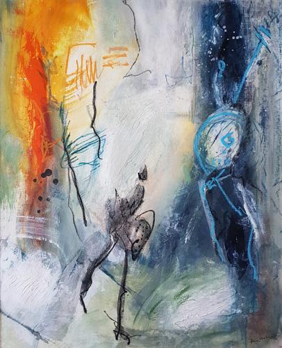 peinture abstraite silhouettes qui semblent émerger d'une brume texturée blanche et grise.