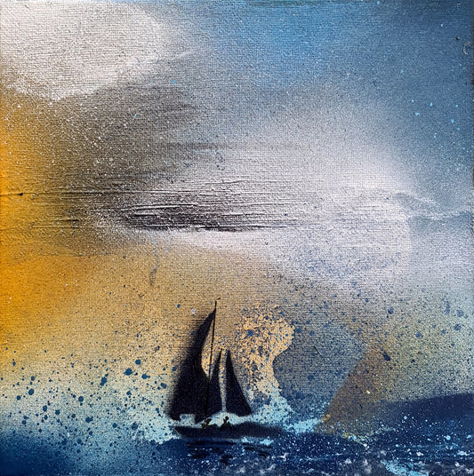 Orage - peinture voilier en mer dans l'orage sur toile, format 20x20cm